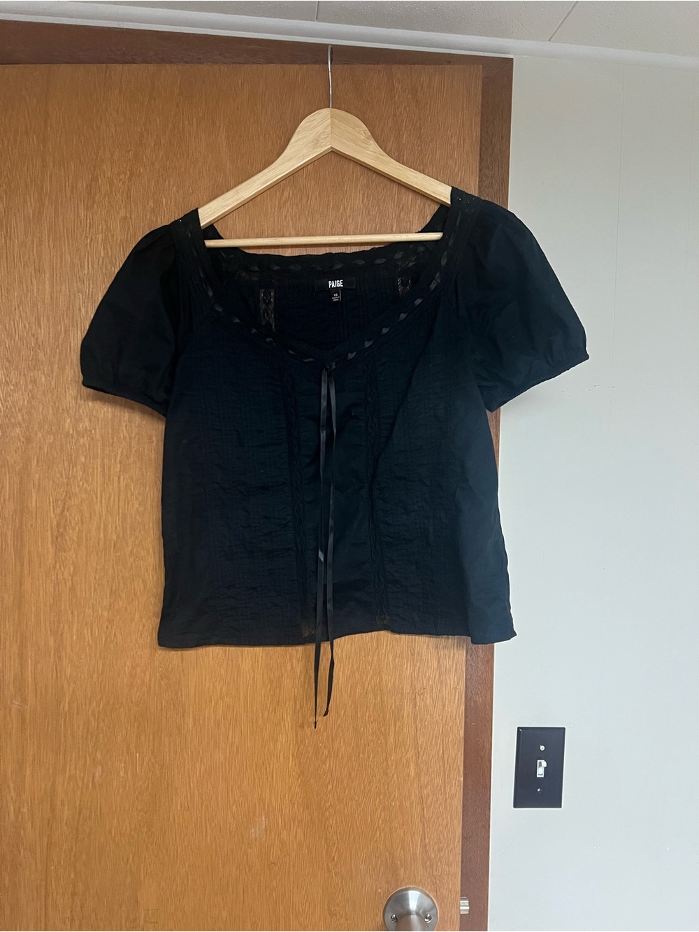PAIGE Black Short Sleeve Lace-Trim Tie Front Top